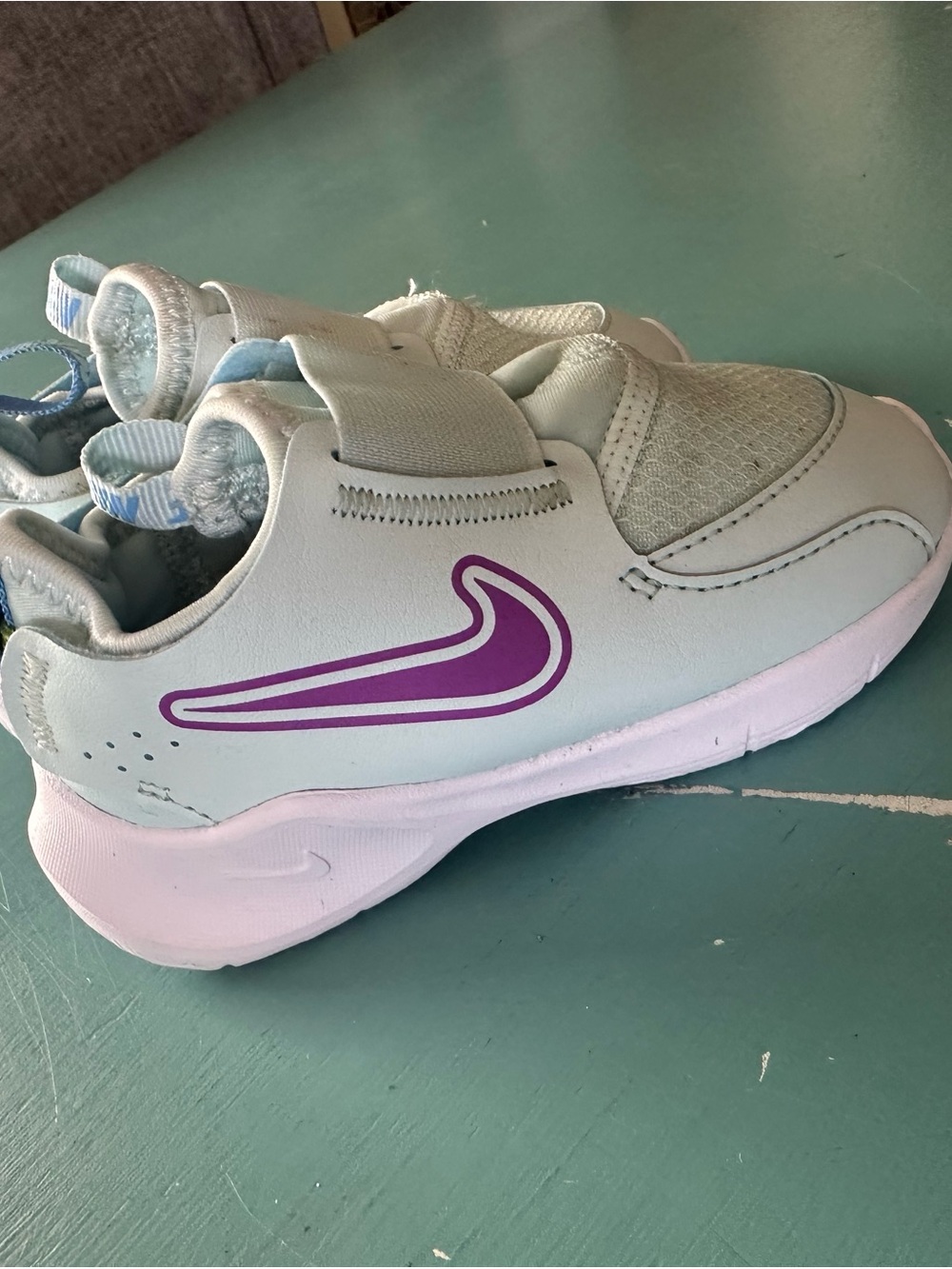 Nike Kids Mint Green Sneakers with Purple Swoosh